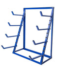 Sturdy Four Tier Shop Storage Rack With Adjustable Steel Bars For Lumber Planks And Piping Rock Solid Workshop Shelving System side view showing blue steel frame and adjustable arms.