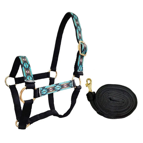 Patterned Nylon Mini Horse Halter Set With Padded Noseband And Matching 7 Foot Soft Grip Lead Rope Ultra Durable Brass Hardware