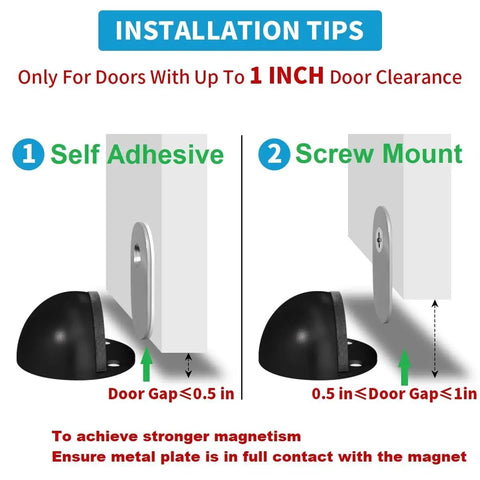 Installation diagram showing self-adhesive and screw mount options for Magnetic Door Stop 4 Pack Self Adhesive Black Brushed Satin Stainless Steel Floor Stops.