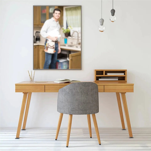 Modern desk with chair, artwork in background, promoting 10 Pcs Adjustable Leveling Pads For Cabinets And Furniture