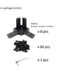 Package contents of Eight Pieces 4040 Aluminum Extrusion Corner Brackets For 40 Series Frames with screws and hex tool in black zinc alloy