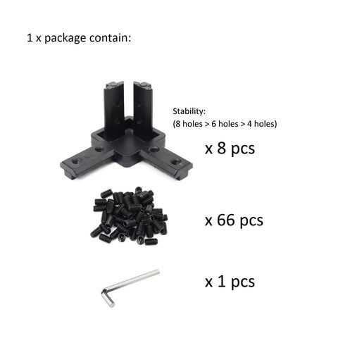 Package contents of Eight Pieces 4040 Aluminum Extrusion Corner Brackets For 40 Series Frames with screws and hex tool in black zinc alloy