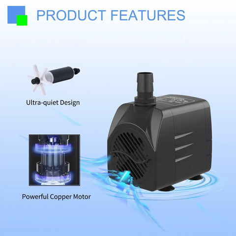 Ultra Quiet 400 GPH Submersible Fountain Pump with copper motor and ultra-quiet design for fountains, ponds, aquariums, hydroponics