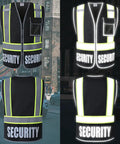 Reflective Security Vest For Men And Women With 5 Pockets Front Zipper Mesh High Visibility ANSI ISEA 107 2015 Compliant ID Window And Flashlight Pocket Black XL shown in daylight and night view.