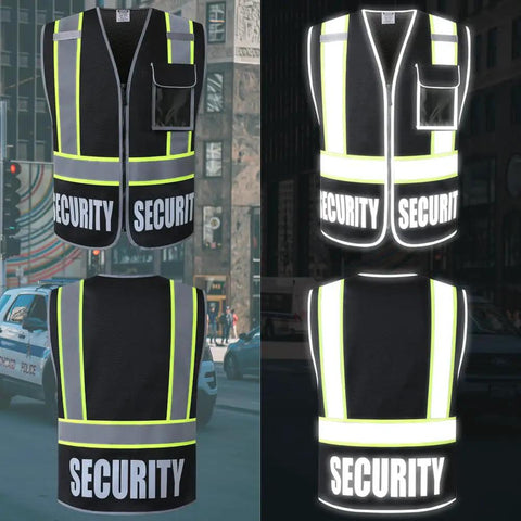 Reflective Security Vest For Men And Women With 5 Pockets Front Zipper Mesh High Visibility ANSI ISEA 107 2015 Compliant ID Window And Flashlight Pocket Black XL shown in daylight and night view.