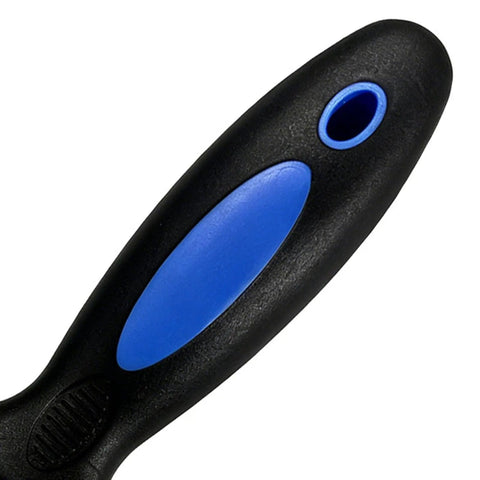 Close-up of The Smooth Operator All In One Paint Brush And Roller Cleaning Tool handle with black and blue design.