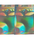 Pack Of 100 Holographic Aluminum Foil Zip Lock Self Sealing Food Storage Bags with Rainbow Back, shown front and back view, 7.5x12cm
