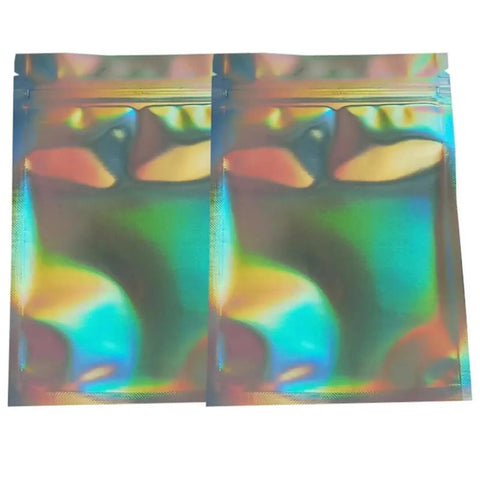 Pack Of 100 Holographic Aluminum Foil Zip Lock Self Sealing Food Storage Bags with Rainbow Back, shown front and back view, 7.5x12cm