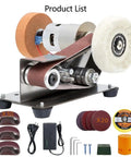 7 Speed Adjustable Buffer Polisher With Electric Belt Sander And Knife Sharpener Attachment showing motor, sanding pad, and accessories.