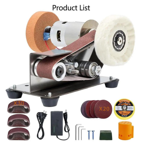 7 Speed Adjustable Buffer Polisher With Electric Belt Sander And Knife Sharpener Attachment showing motor, sanding pad, and accessories.