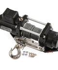 Heavy Duty Simulated Metal Electric Winch For Traxxas TRX4 SCX10 with steel hook and installation hardware displayed