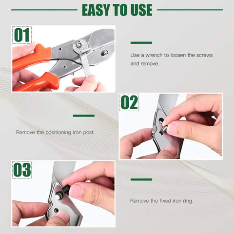 Steps to use Multi Angle Miter Shear Cutter With Wrench And 5 Spare Blades for easy blade and positioning adjustments.