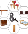 Heavy Duty Figure 8 Fastener Kit for Table Tops and Desks with black clips and screw in use on various furniture pieces