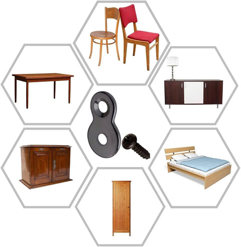 Heavy Duty Figure 8 Fastener Kit for Table Tops and Desks with black clips and screw in use on various furniture pieces