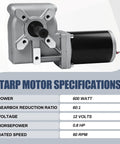 Specifications of Heavy Duty 600W 60:1 Electric Tarp Motor For Dump Trucks Up To 28 Feet 12V DC With Chrome Housing Cover