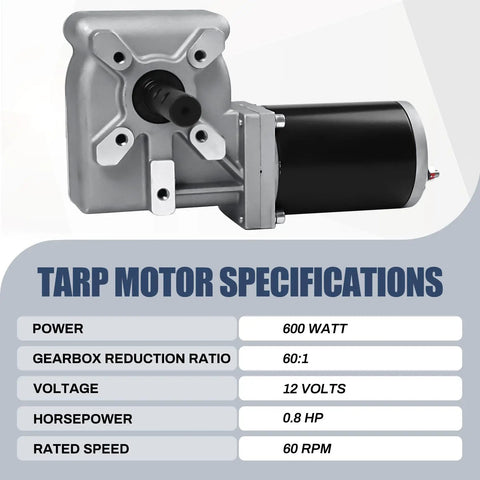 Specifications of Heavy Duty 600W 60:1 Electric Tarp Motor For Dump Trucks Up To 28 Feet 12V DC With Chrome Housing Cover