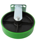 Rock Solid Eight Inch Polyurethane Wheel Plate Casters Featuring Polished Galvanized Steel Hub And Reinforced Bracket For Heavy Duty Industrial Shop Cart Roller Replacement Built Tough To Crush Heavy Loads, green caster with steel bracket.