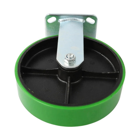 Rock Solid Eight Inch Polyurethane Wheel Plate Casters Featuring Polished Galvanized Steel Hub And Reinforced Bracket For Heavy Duty Industrial Shop Cart Roller Replacement Built Tough To Crush Heavy Loads, green caster with steel bracket.
