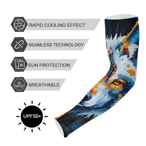 Seamless Cooling Arm Sleeves With A Dope Wolf Face Print Give You Straight Up UPF Fifty Shielding Lightweight Nylon Stays Cool And Stops Rolling So You Can Hit The Course Or Trails While Keeping Tattoos Covered All Day Long
