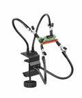 Four Arm Third Hand Soldering Station with flexible gooseneck arms, removable tip clamps, and adjustable vise on workbench for PCB.