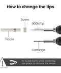 Diagram showing how to change tips on Straight Up Solid 60W Soldering Iron Kit with 900M tip, screw, and nozzle.