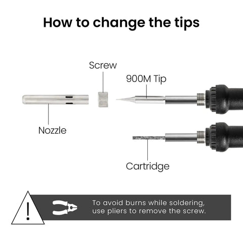 Diagram showing how to change tips on Straight Up Solid 60W Soldering Iron Kit with 900M tip, screw, and nozzle.