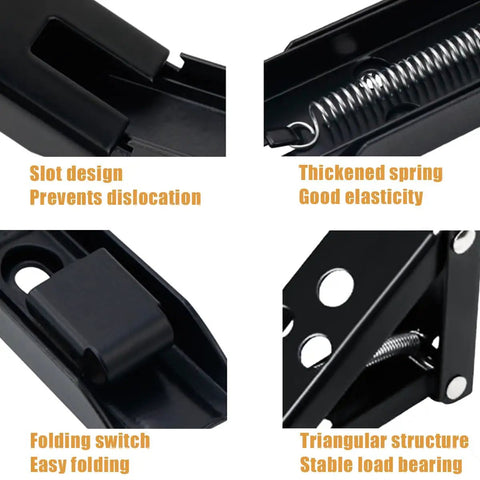Heavy Duty 90 Degree Self Locking Folding Hinge For Wall Mount Drop Leaf Tables That Saves Serious Floor Space And Clicks Into Place Dead Simple With Rock Solid Grip close-up showing slot design, thickened spring, and folding switch for easy use.