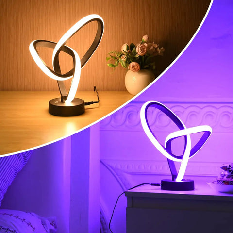 RGB LED Modern Table Lamp with 7 Colors, 10 Light Modes, 3 Way Dimmable Touch Desk Lamp for Nightstand, spiral design in use.