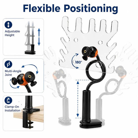 Veterinary Breathing Circuit Holder And Acrylic Tube Bracket Stand with adjustable gooseneck and clamp-on installation, clear acrylic.