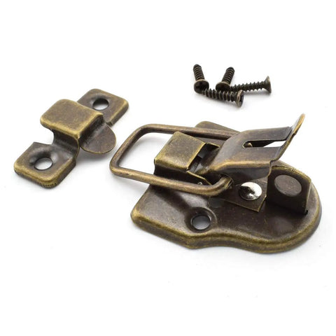 Retro Bronze Old School Duckbilled Toggle Hasp Latch with screws, part of Antique Padlock Kit for cabinets and boxes.