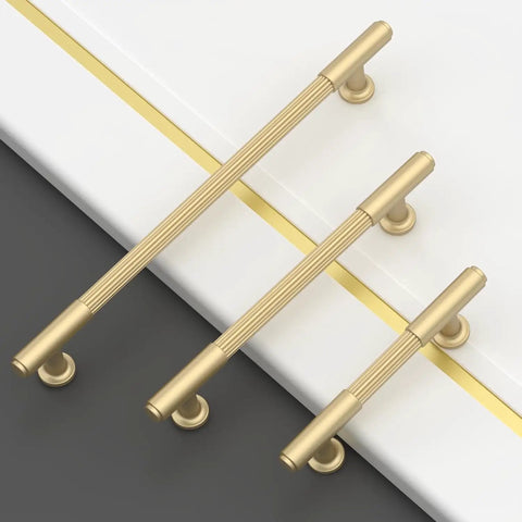 10 Pack Brushed Gold Cabinet Pulls Heavy Duty Kitchen Drawer Handles Top Tier Cupboard Hardware Built Tough Construction No Sweat Mounting Solid Metal Farmhouse Upgrade shown in three sizes on a white and gray surface.