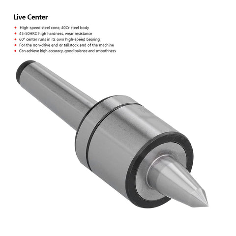 Close-up of MK2 1-slot lathe live center with 60° Morse taper and steel body