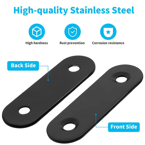 20 Sets Black Stainless Steel Flat Plate Straight Brackets For Wood 2 Inch 50x16x2 Mm Corner Mending Braces Front and Back View