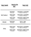 Size chart for Outdoor Tablecloth With Umbrella Hole And Zipper No Fuss Install Weatherproof Polyester Patio Table Cover For Courtyards Terraces And Beachfront Decks 60 By 84 Inches, showing dimensions for rectangle, round, and oval tables.
