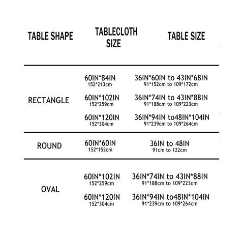 Size chart for Outdoor Tablecloth With Umbrella Hole And Zipper No Fuss Install Weatherproof Polyester Patio Table Cover For Courtyards Terraces And Beachfront Decks 60 By 84 Inches, showing dimensions for rectangle, round, and oval tables.
