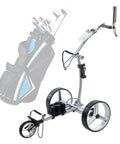 Legit Smooth Folding Electric Golf Cart With Three Heavy Duty Stainless Steel Wheels Automatic Remote Control Caddy shown with golf bag.