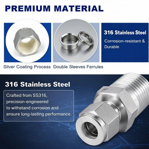 Valvento 2-pack 316 stainless steel compression fittings, 1/2 in OD x 1/2 in NPT male straight adapters with double ferrules