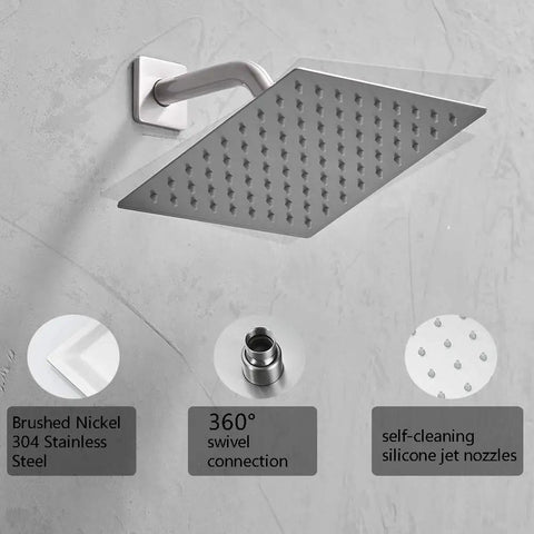 Brushed Nickel Rain Shower System With Wall Mount Square Shower Head Kit All In One Bathroom Trim With Rough In Valve