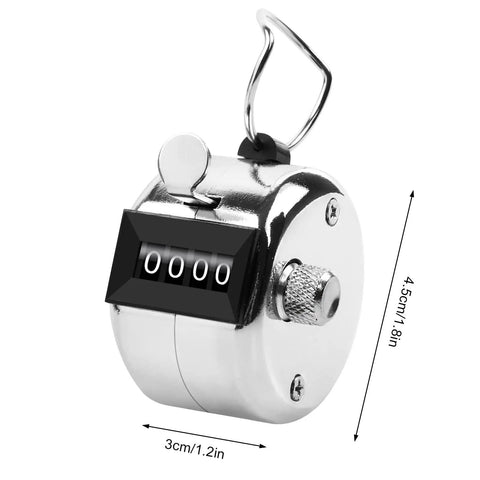 Two Pack Heavy Duty Metal Tally Click Counter Four Digit Mechanical Handheld Tracker with Secure Nylon Lanyard in sleek silver finish.