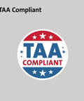 TAA Compliant circular badge with red and blue stars, emphasizing compliance in a simple graphic design.