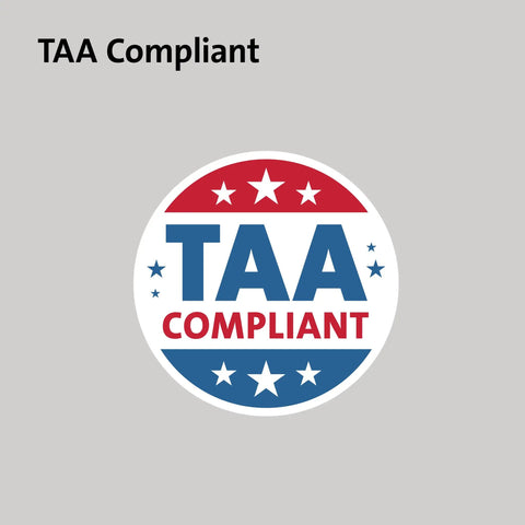 TAA Compliant circular badge with red and blue stars, emphasizing compliance in a simple graphic design.
