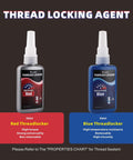 Two Pack Thread Locker Blue And Red Medium And High Strength For Metal Fasteners Lock Tight Against Loosening In Auto Repairs Motorcycles Machinery Vibrations And RC Hobby Projects. Bottles displayed front view.