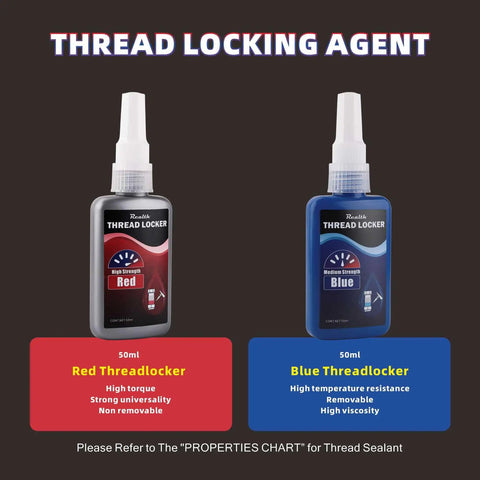 Two Pack Thread Locker Blue And Red Medium And High Strength For Metal Fasteners Lock Tight Against Loosening In Auto Repairs Motorcycles Machinery Vibrations And RC Hobby Projects. Bottles displayed front view.