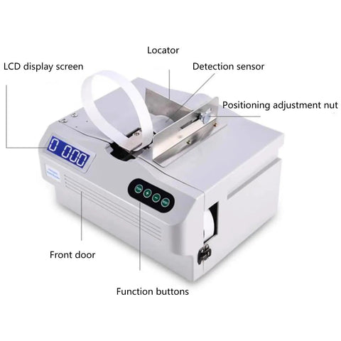 Compact Automatic Paper Strapping Machine with Counting Function showing LCD display, sensor, and adjustment nut.