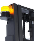 ApolloLift Fully Powered Electric Stacker With Straddle Legs Offers 3300 Lb Capacity And 118 Inch Max Lift Height For Easy Handling. Features a yellow safety light on the mast.