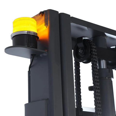 ApolloLift Fully Powered Electric Stacker With Straddle Legs Offers 3300 Lb Capacity And 118 Inch Max Lift Height For Easy Handling. Features a yellow safety light on the mast.