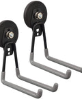 Two gray rubber coated magnetic garage hooks set, heavy duty tool organizer for drills and garden tools, non slip wall mounts