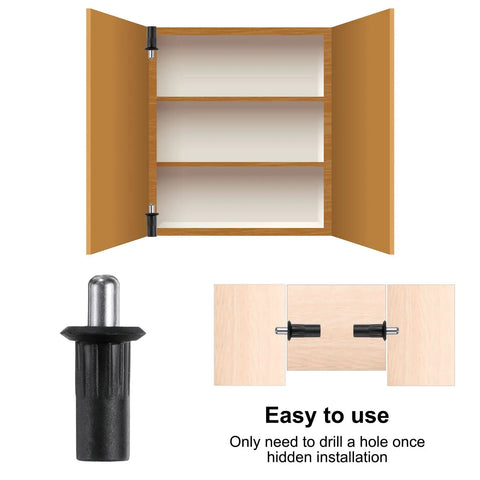 24 Pack Black Plastic Cabinet Door Repair Pins Heavy Duty Spring Loaded Damper Replacement Hardware For Kitchen Cabinets And Furniture Quick Snap No Fuss Axis Connector with cabinet and installation guide.