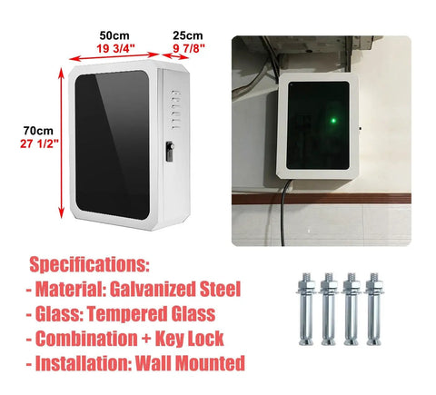 Rock Solid EV Charger Protection Enclosure With Lock And Weatherproof Wall Mount Design shown mounted on a wall, made of galvanized steel.