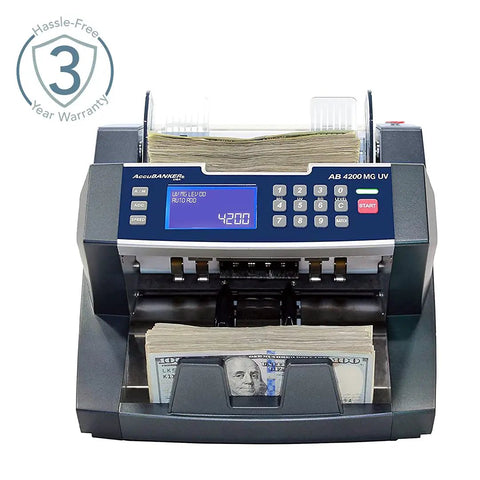 Front view of Beefy Heavy Duty Bill Counter Machine With UV And Magnetic Counterfeit Detection, displaying bills being counted